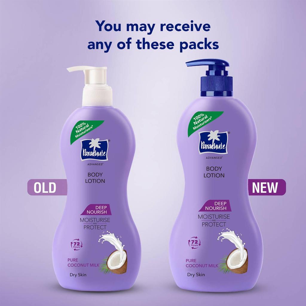 PARACHUTE Advansed Body Lotion 400ml For Dry Skin With 72H Moisture Lock, Fast Absorbing Coconut Milk Nourishment For Women And Men