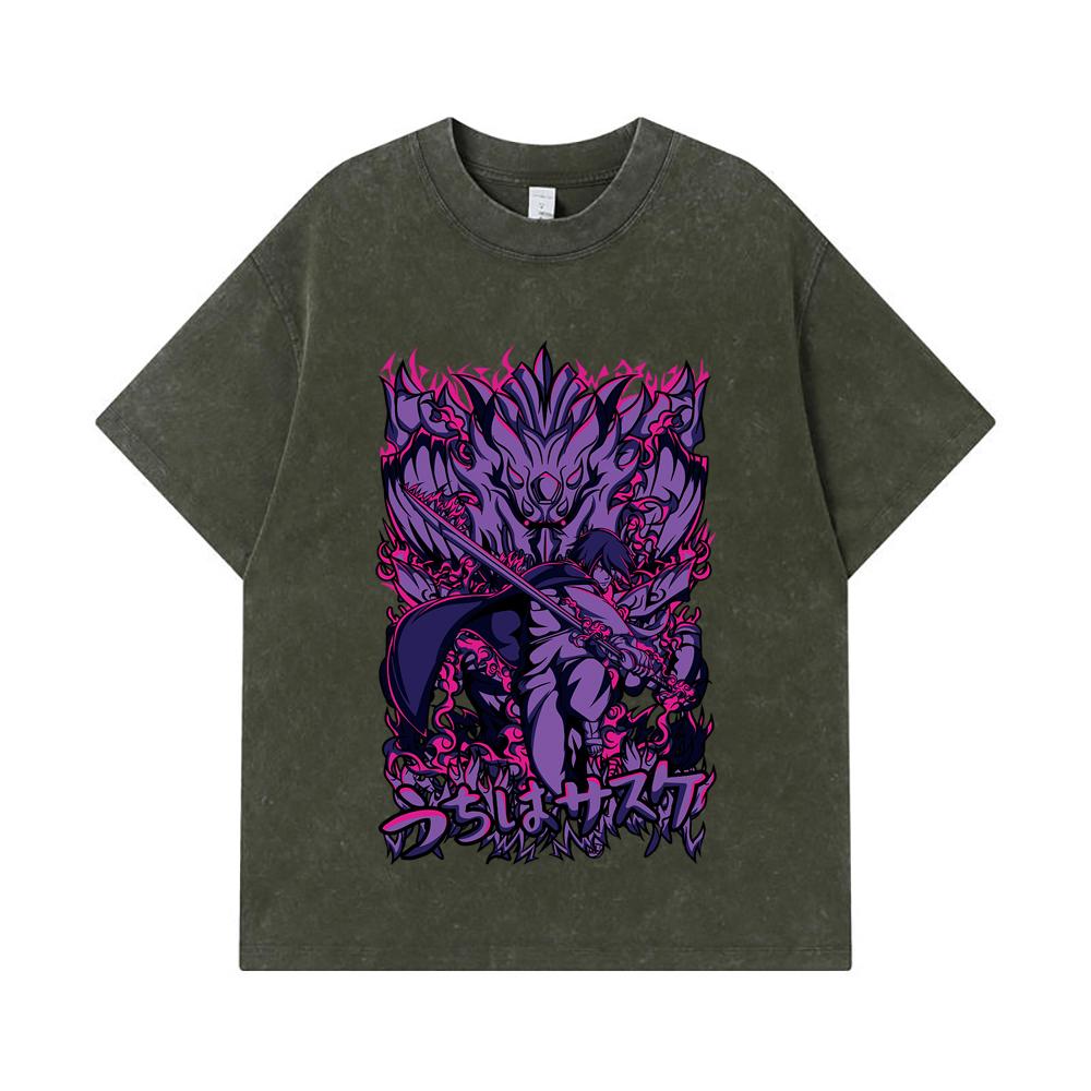 

275 GSM Washed T-shirts 100% Cotton Naruto V16 Sasuke Print Unisex Heavy Cotton T Shirt S армия зеленый