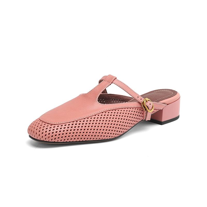 Fashion Women's New Summer Genuine Leather Cowhide Breathable Hole Round Head, Mid Heel, Plus Size Belt Buckle Headband, Mueller Slippes