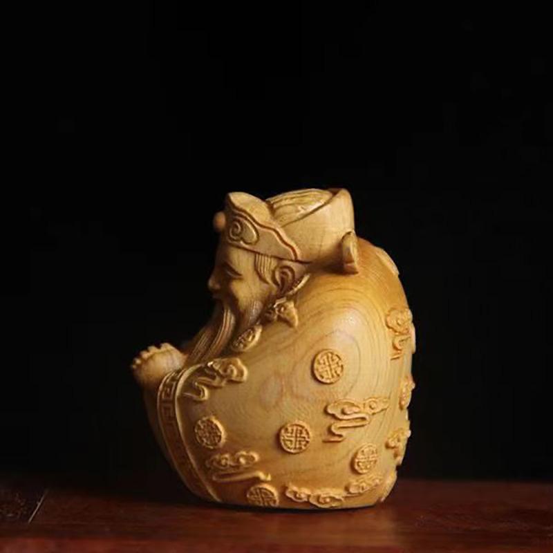 Natural Log Carving Characters God of Wealth Figurine , Chinese Characteristic Wood Carving Home Room Office  Feng Shui  Statue