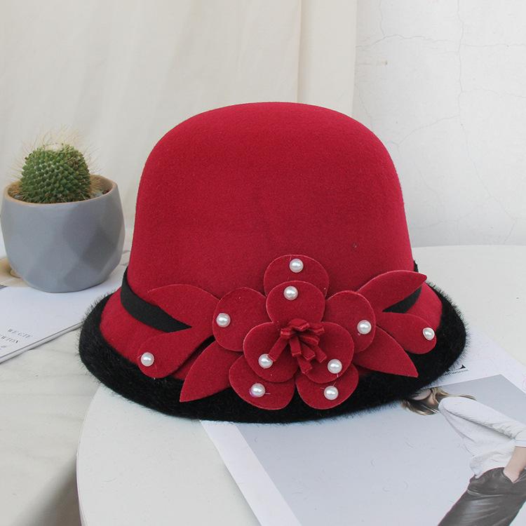Wool Bucket Hat Ladies Autumn And Winter Leisure Basin Hat Fashion Bead Flower Felt Top Hat