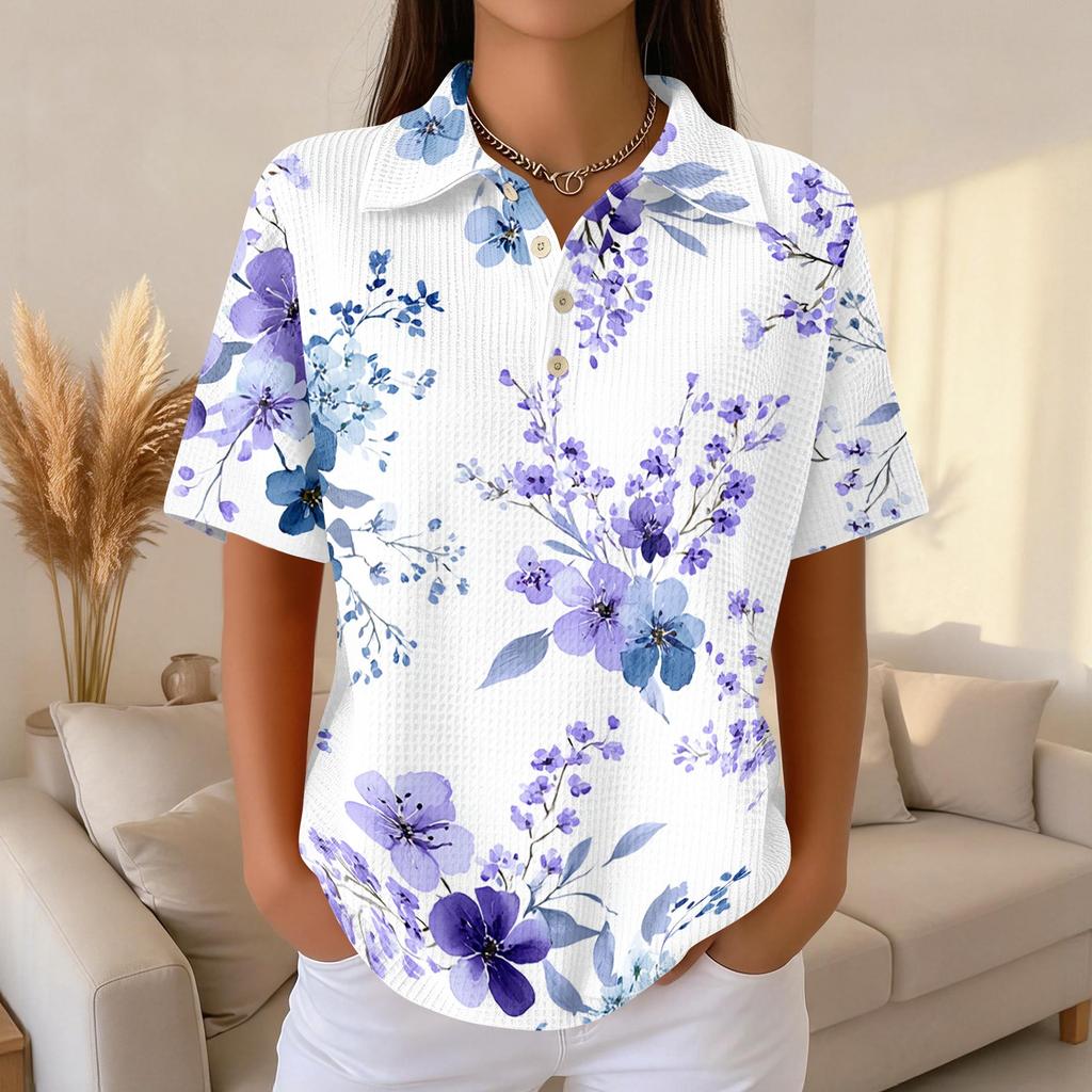 Women's Casual Short Sleeve Floral Print Waffle Knit Polo Shirt Relaxed Fit Button Down Collar Top for Everyday Wear
