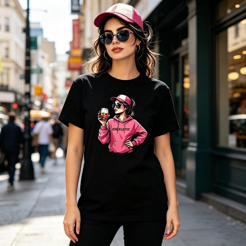 Cool Girl Wine Glass Graphic Print Tee Casual Y2K Streetwear Energetic Letter Tops for Daily Ladies Wear