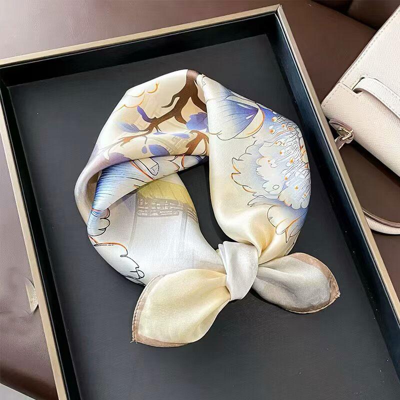 100% Pure Silk Scarf Women Neck Hair Band Foulard Square Small Headband  Fashion Print Neckerchief Scarves Bandana 53*53cm