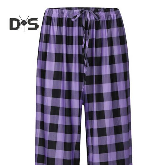Women Pants High Elastic Waist Drawstring Wide Leg Loose Contrast Color Plaid Print Casual Soft Breathable Pockets Full Length Lady Long Trousers