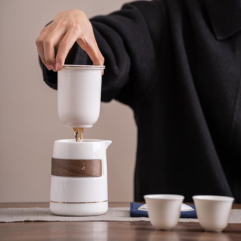 Suet jade white porcelain travel tea set portable storage bag high-end one pot three cups corporate business gifts