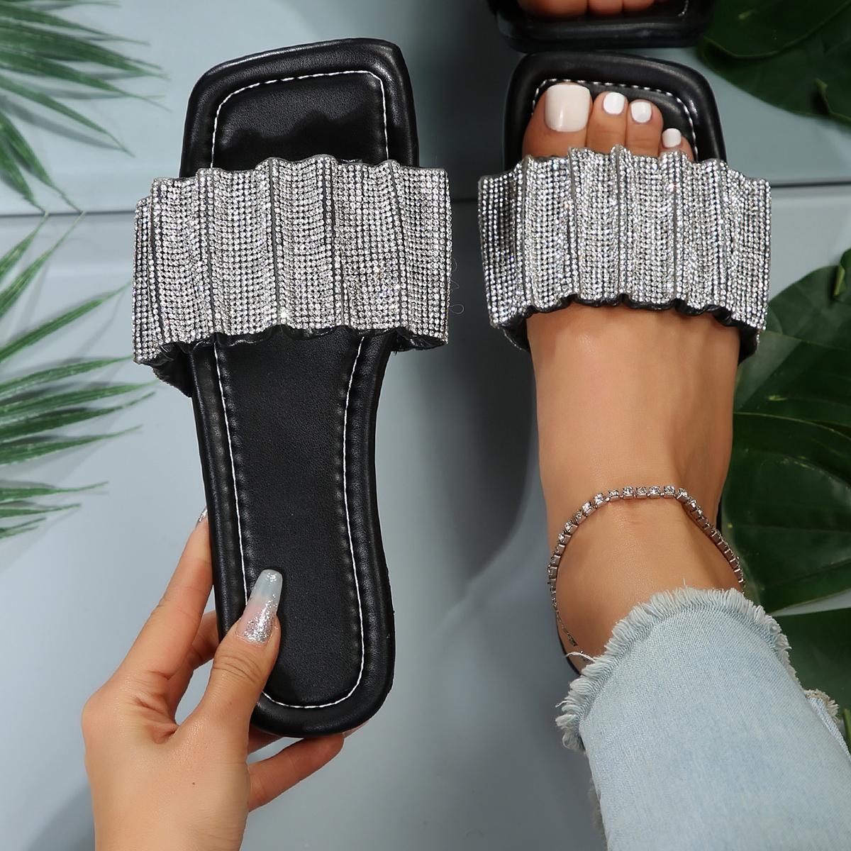 

Летние сандалии женские шлепанцы со стразами плоские сандалии женские черные тапочки женские с круглым носком блестящие роскошные сандалии женские 43 36 чёрный