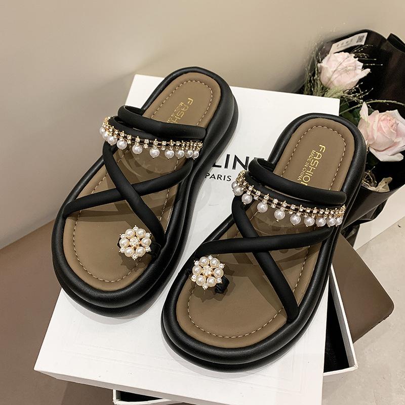 

2025 summer new retro toe muffin cross chain pearl beach thick bottom cool slippers women 35 чорний