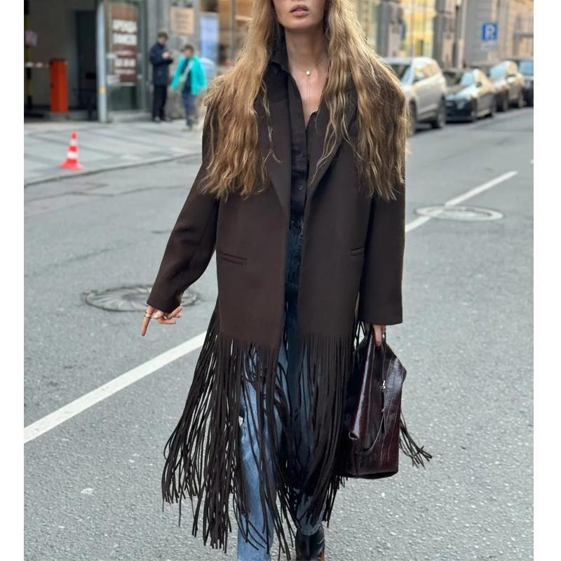 Fall and Winter New Women's Clothing Fashion Wind Lapel Long Sleeves Loose One Button Tassel Mid Length Long Length Woolen Outwear