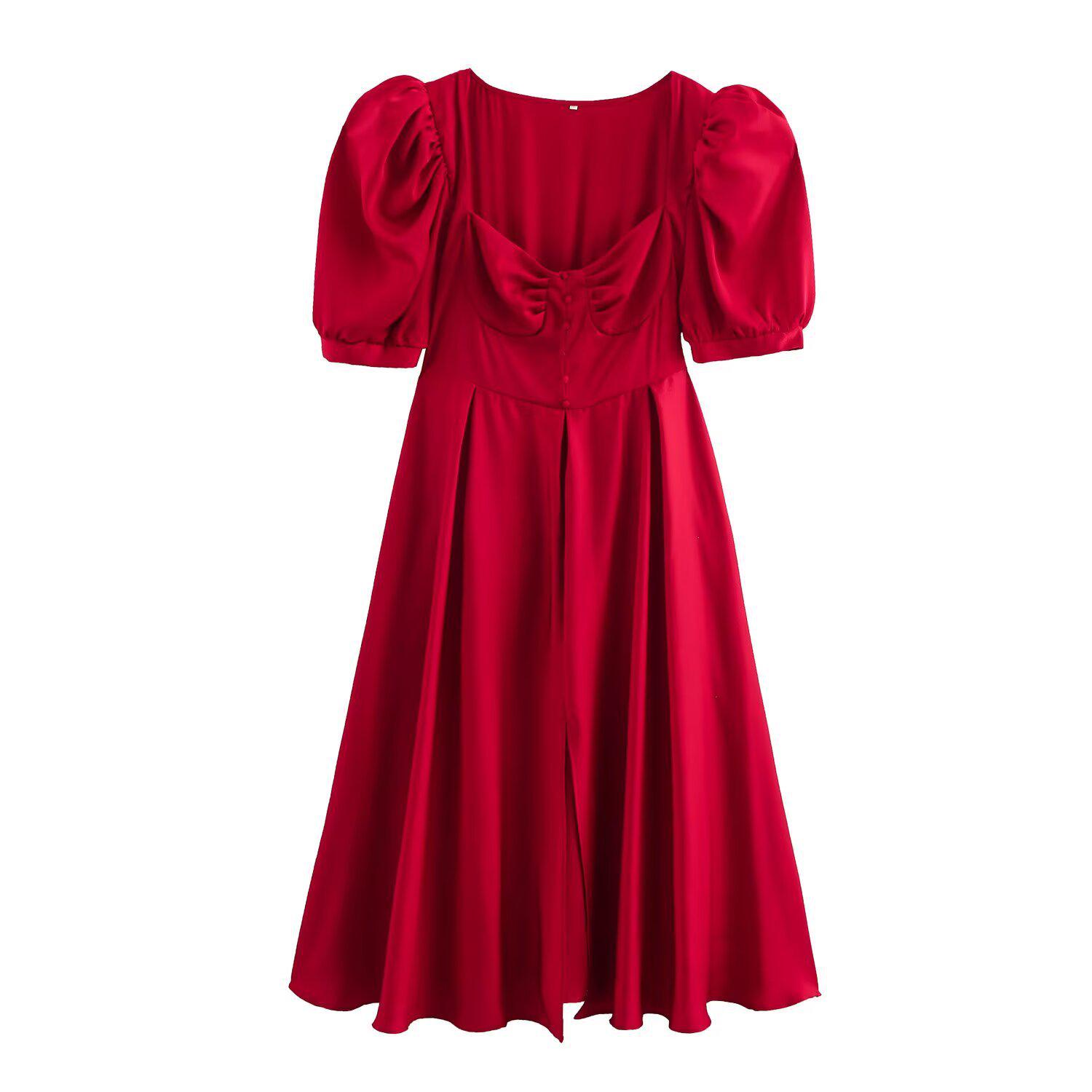 

Весна 2025 Женское европейское и американское стиль большого размера платье макси с квадратным вырезом и рукавами-буфами XXL красный