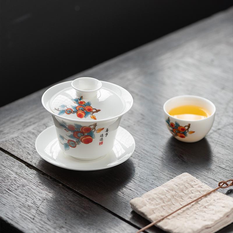 Light luxury imitation hand-painted suet jade porcelain Sancai cover bowl Kung Fu tea set single tea cup tea bowl pure handmade boutique