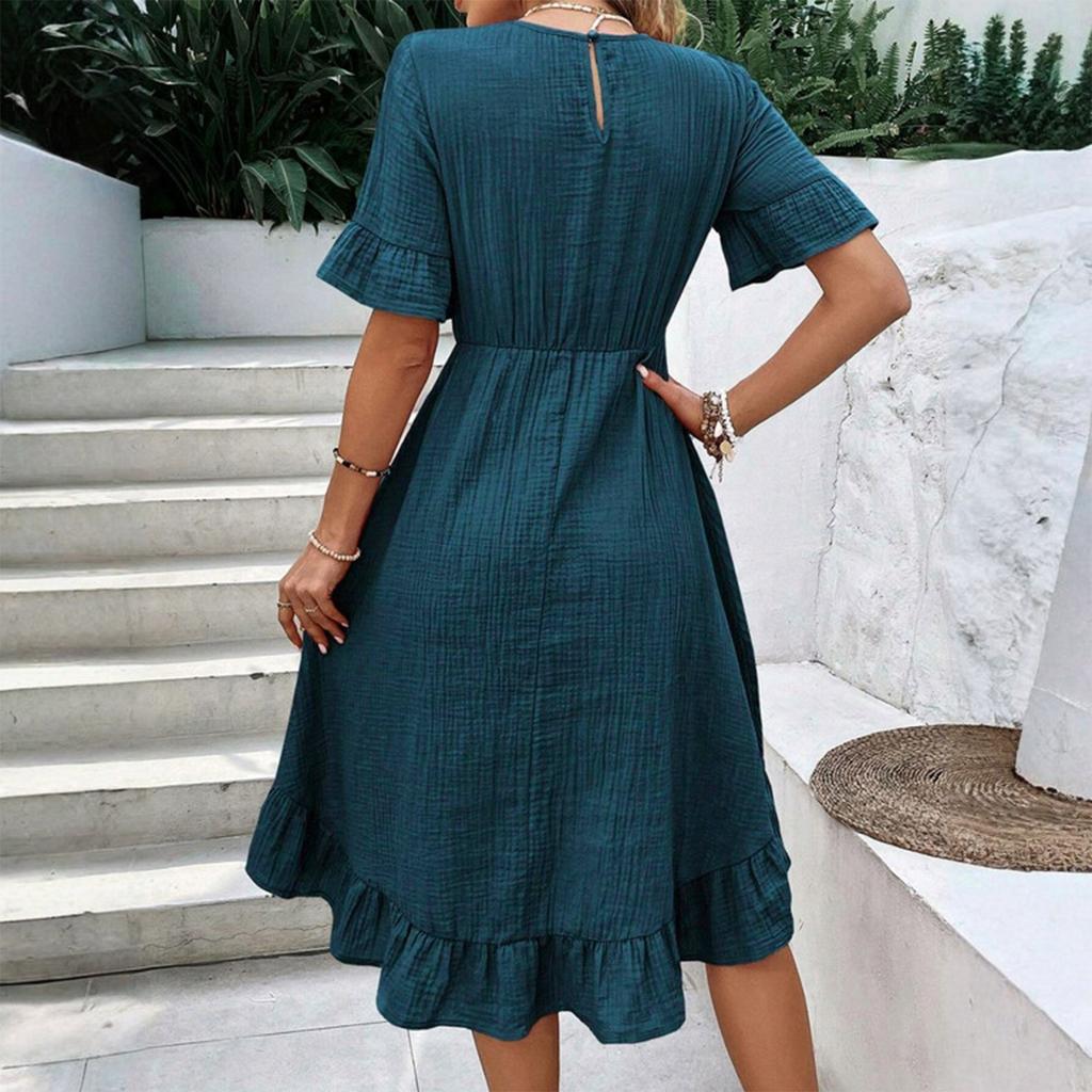 Damska Luźna Codzienna Sukienka Modowa z Falbankami i Krótkim Rękawem