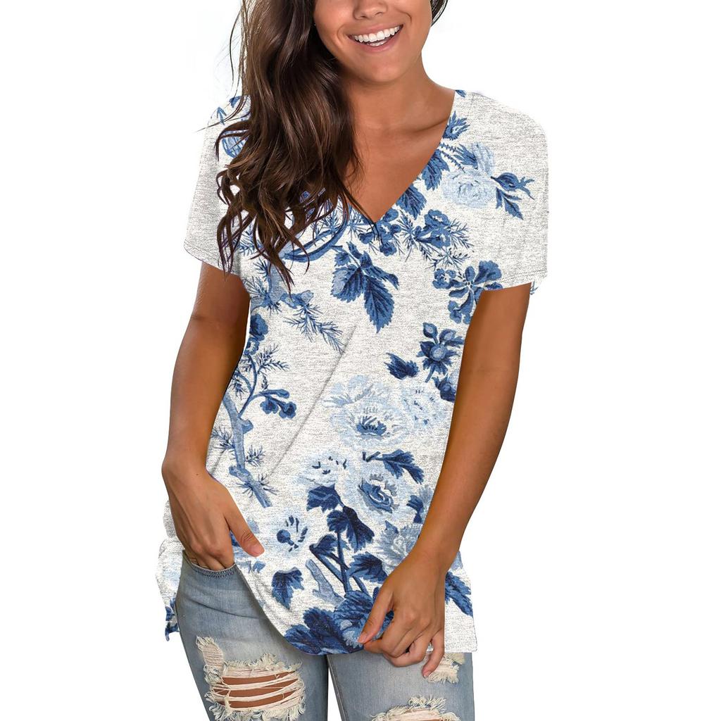 Women's Casual V-Neck Tops Short Sleeve T-shirt Printed Plus Size Summer T-shirt Tunic Top