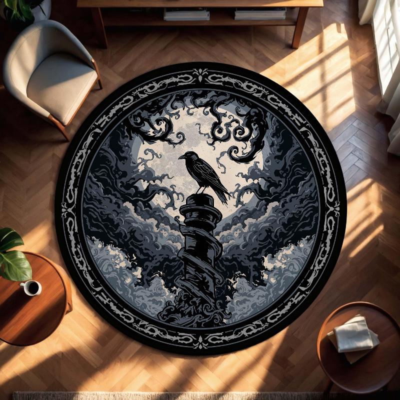 Gothic Raven Crystal Ball Crimson Rose Occult Graphics Circle Rug,Living Room Sofa Chair,Hallway,Bedroom Indoor Decor Rug Gift