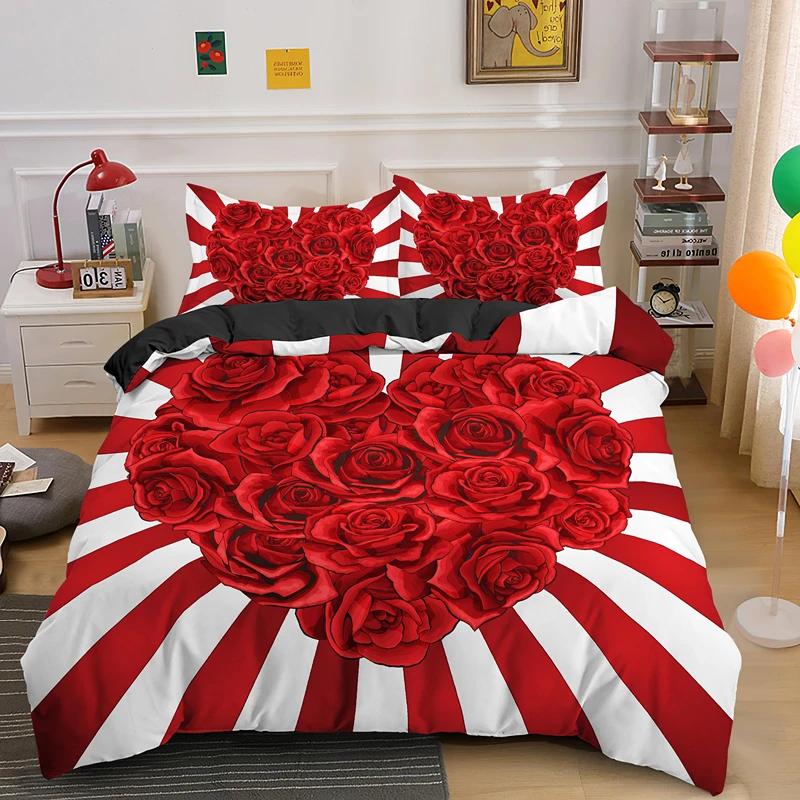 3D Love Heart King Queen Duvet Cover Valentines Gift Bedding Set For Girls Women Couples Soft Polyester Quilt Cover Home Textile