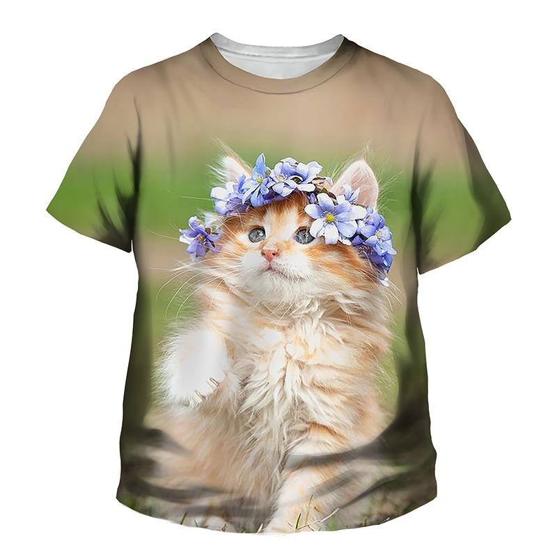 Summer Round Neck 3D Printed Cute Cat Pattern Top Fashionable Casual Short Sleeved Children's Boy and Girl Kids Unisex T-shirts