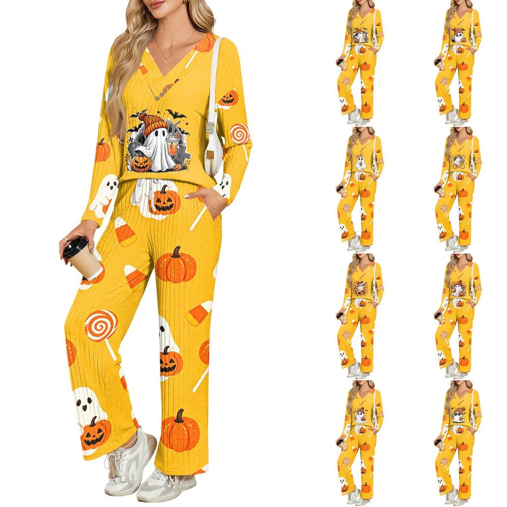 Women's Halloween Print V-Neck Long Sleeve Pajama Set with Pockets Loose Fit Sleepwear Set