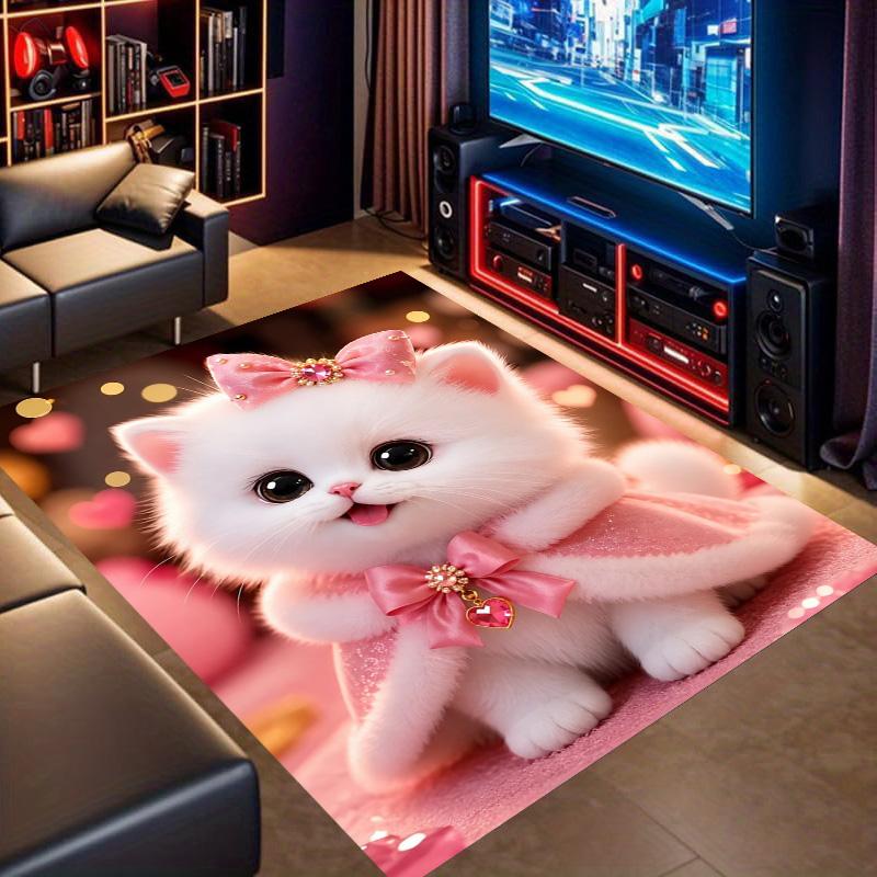 Cute White Kitten Pink Bow Glitter Heart Print Area Rug Non‑Slip Rectangular Floor Mat Lovely Pet Decor Rug for Game Room Bedroom Living Room