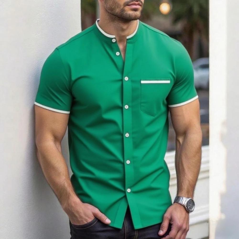 New Men Summer Short Sleeve Fashion Stand Collar Shirt Men Pure Color Casual Shirt