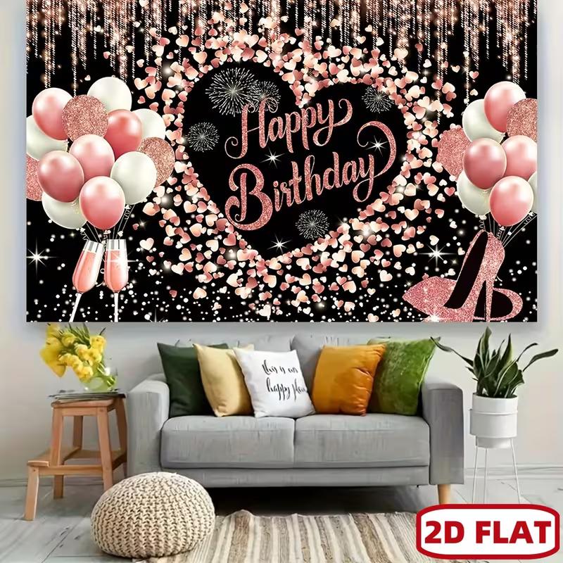 2D Rose Gold Heart Happy Birthday Backdrop with Balloons & Heels