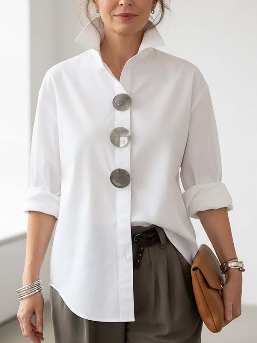 Solid Color Stand Collar Metal Button Long Sleeve Shirt For Women S белый