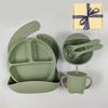 Dww-Set of 6 Green Flat Plates, Silicone Baby Food Supplements, Flat Plates, Bowl, Fork, Spoon, Bib, Suction Cup, Split Design