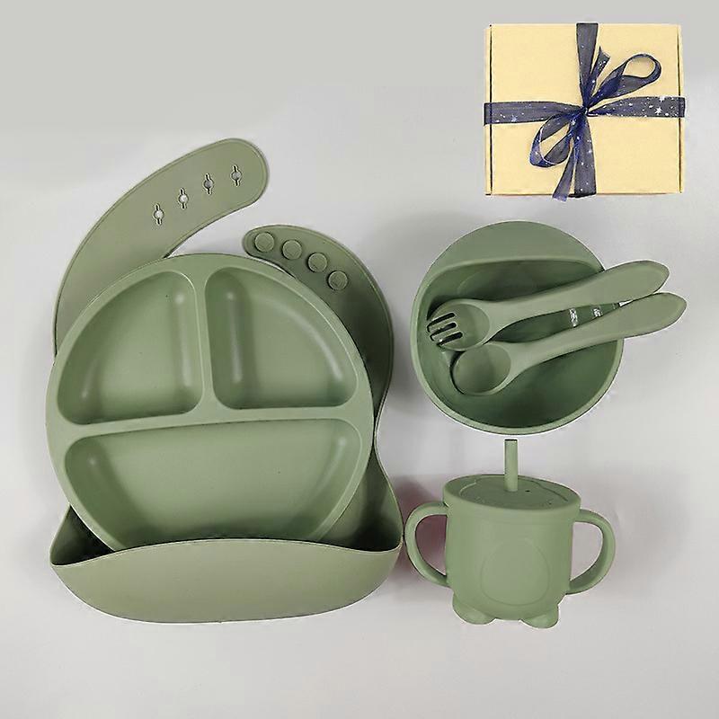 Dww-Set of 6 Green Flat Plates, Silicone Baby Food Supplements, Flat Plates, Bowl, Fork, Spoon, Bib, Suction Cup, Split Design