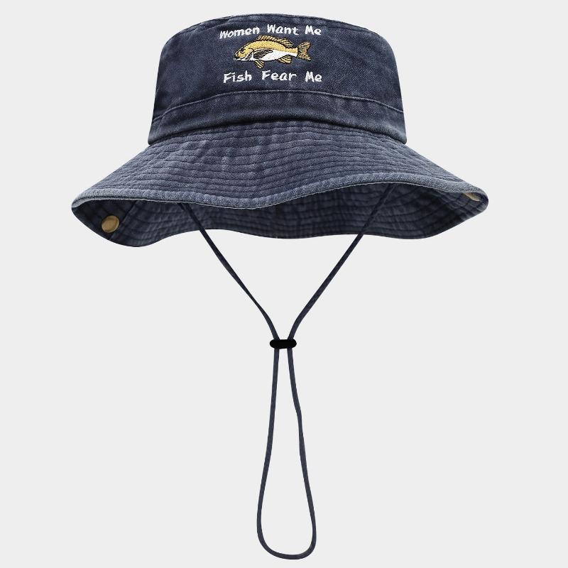 Mode Sommer Frühling Outdoor Bestickter Fischerhut Damen Wollen Mich Fische Fürchten Mich Breiter Rand Sonnenhut zum Angeln Wandern Panama Hut
