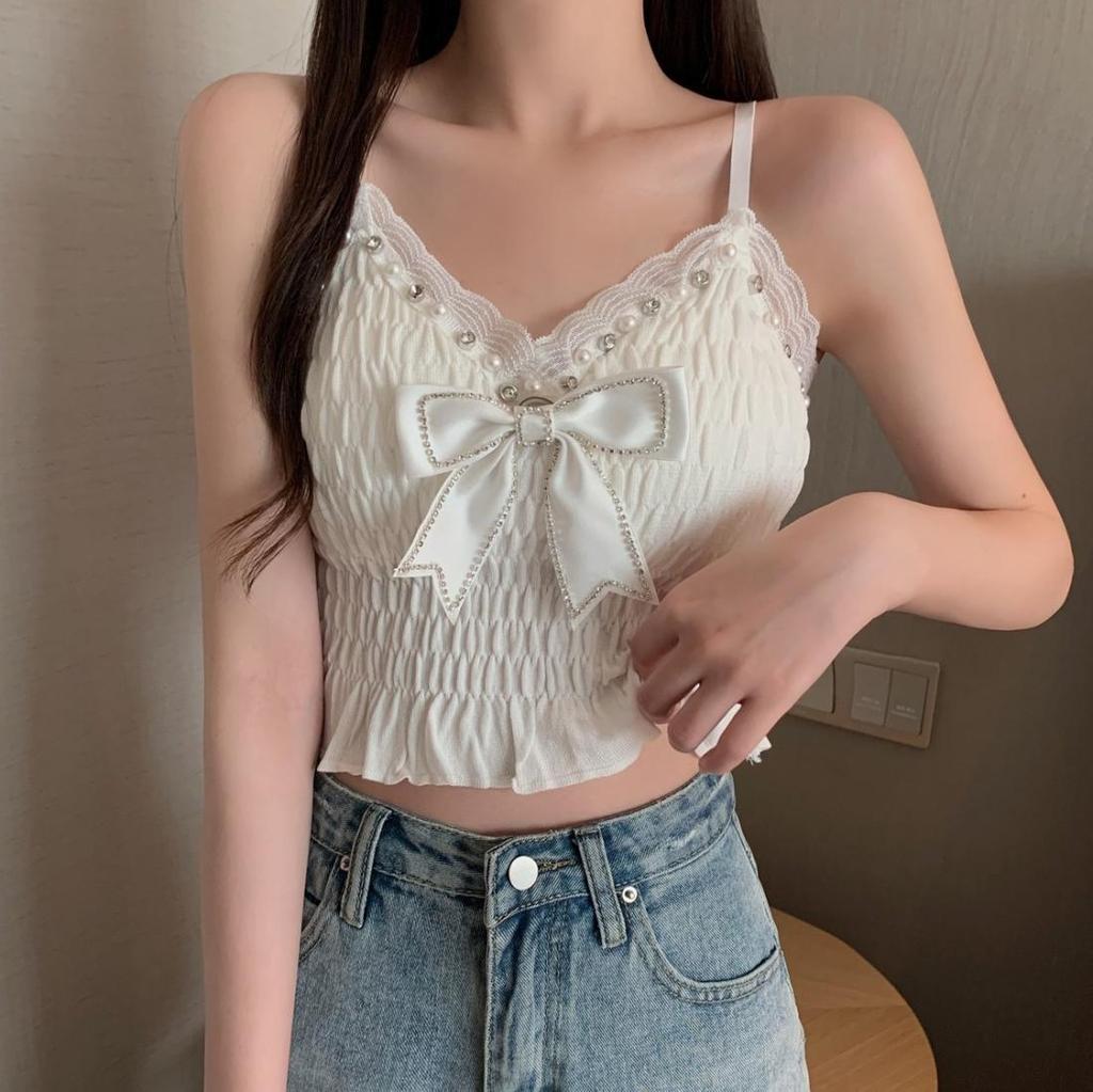 Folded Mesh Spliced Chest Wrapped Vest Short Style Nail Bead Bow Wooden Ear Strap Top for Women