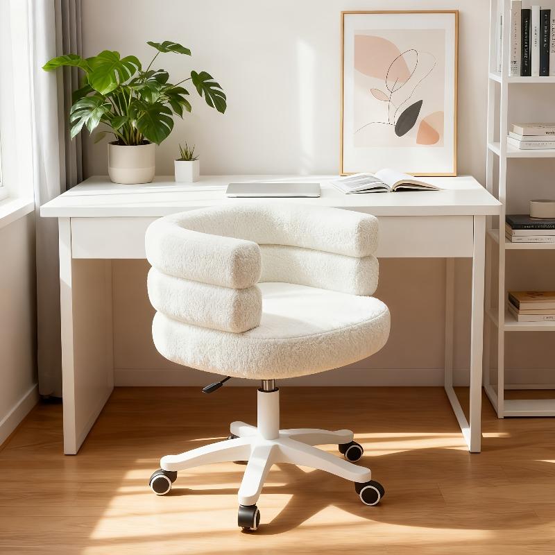 Cream French Style Vanity Stool, Rotating Ottoman with Polyester Upholstery, Sponge Filling, Hardwood Frame, Manual Recliner