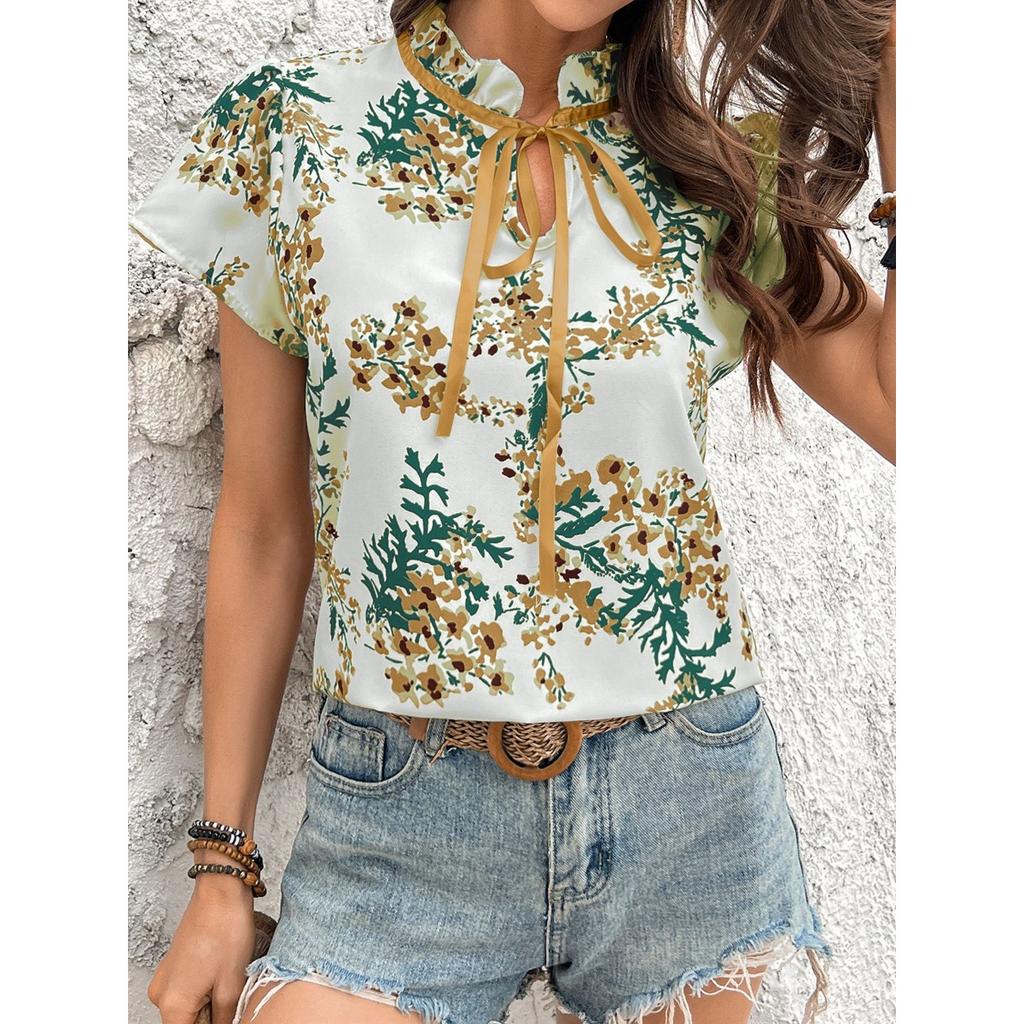 New Women's Floral Print Lace-up Short Sleeve Shirt, Spring Summer Casual Blouse for Women European American Size