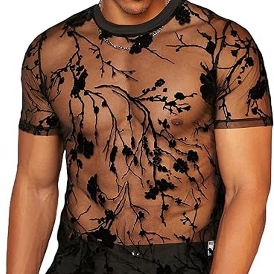 T-shirt da uomo estiva nuova con design floreale, floccata, girocollo, rete trasparente, manica corta sottile