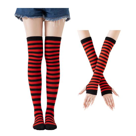 Womens Striped Arm Warmers Leg Warmers Set Winter Knitted Over The Knee High Socks Long Fingerless Gloves Set for Christmas Halloween