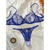 Sexy Fashion French Perspective Embroidery Blue Bra Underwear Women's Pure Desire Wind Mesh Seduction Underwear Set