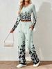 Floral pattern printed women's V-neck long-sleeved trousers set Comfortable casual versatile slim two-piece set
