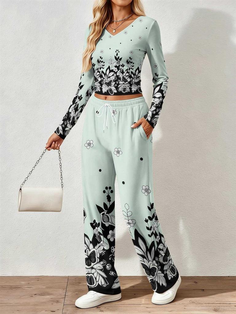 Floral pattern printed women's V-neck long-sleeved trousers set Comfortable casual versatile slim two-piece set