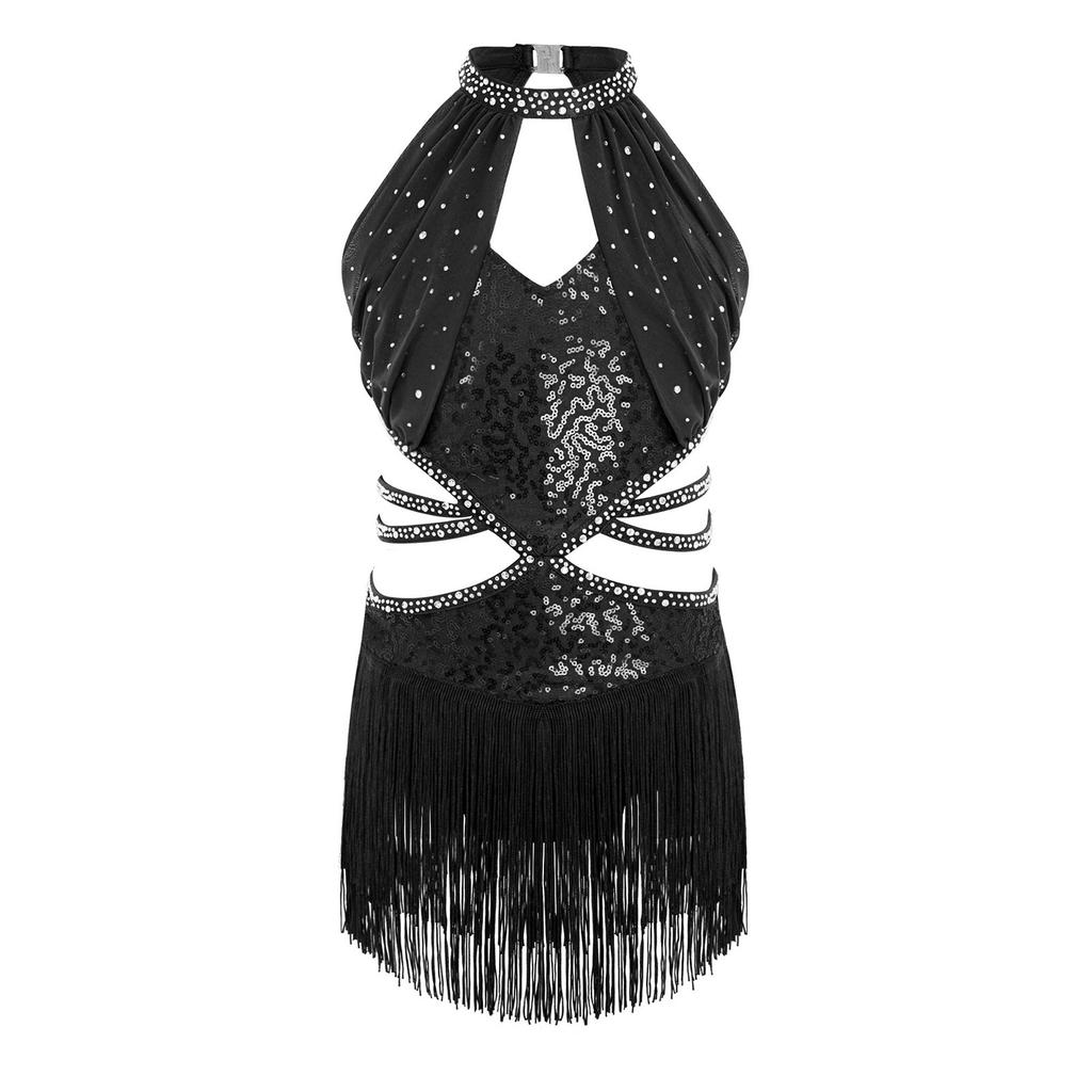 Dziewczęca Sukienka do Tańca Latynoamerykańskiego Bez Rękawów Marszczona Siateczkowa Góra Wycięcie w Talii Paski Błyszczące Frędzle Cyrkonie Płatki Sequins Body