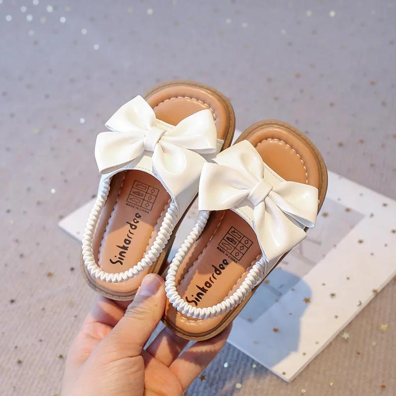 Fashion Summer Girl's Sandals Big Bowtie Pink Beige Pu Leather Holiday Kids Sliders Elastic Band Open Toe Leisure Comfy Children Shoes