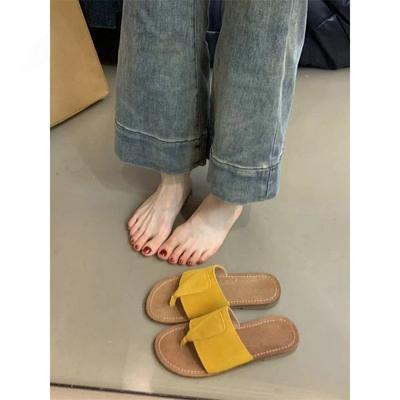 Retro One-word Sandals Women's Summer 2025 New Mori Women's Fashion Matte Leather Toe Flat Bottom Flip-flops