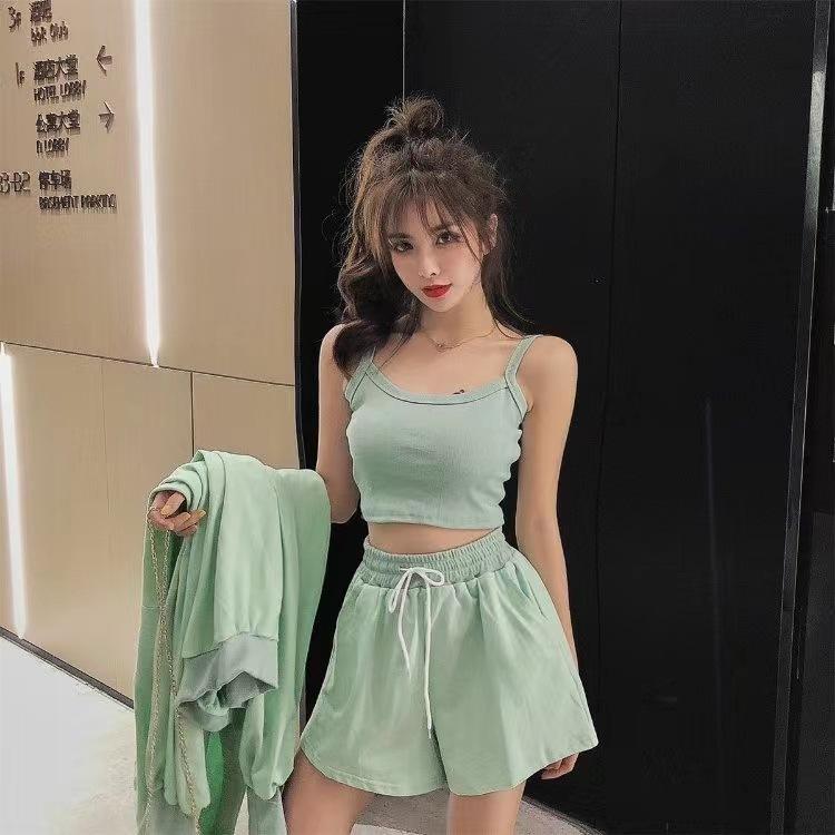 Danmo Summer Fashion Women Tracksuit Clothes 3 Piece Set Woman Sports Suits Zipper Jacket+Short Camisole+High Waist Drawstring Shorts Outfit