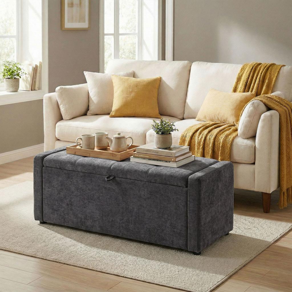 Storage Bench End Of Bed Linen Upholstered Footrest With Wide Seat 122 X 48 X 44 Cm Dark Gray