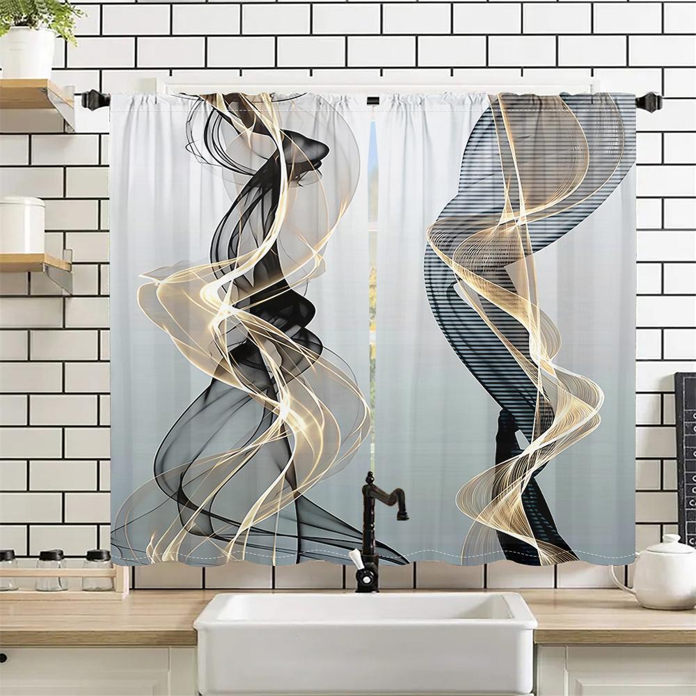 2 Pcs Abstract Art Curtains Black Gold Streamline Pattern Living Room Bedroom Window Decorative Curtains Modern Minimalist Style