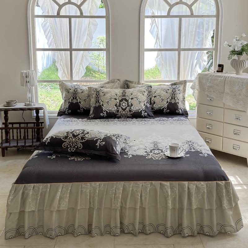 Letní Nový Zelený Květinový Vzor Retro Styl Sada Postelové Sukně 3ks Pohodlné Ložní Prádlo Luxusní Princeznovské Sukně Protiskluzová Postelová Sukně 1ks+1ks Povlaky na Polštáře