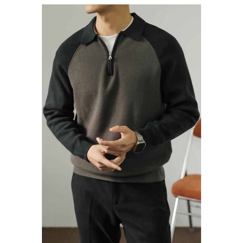 Men S Polo Collar Color Block Knit Sweater Half Zip Casual Spring Autumn