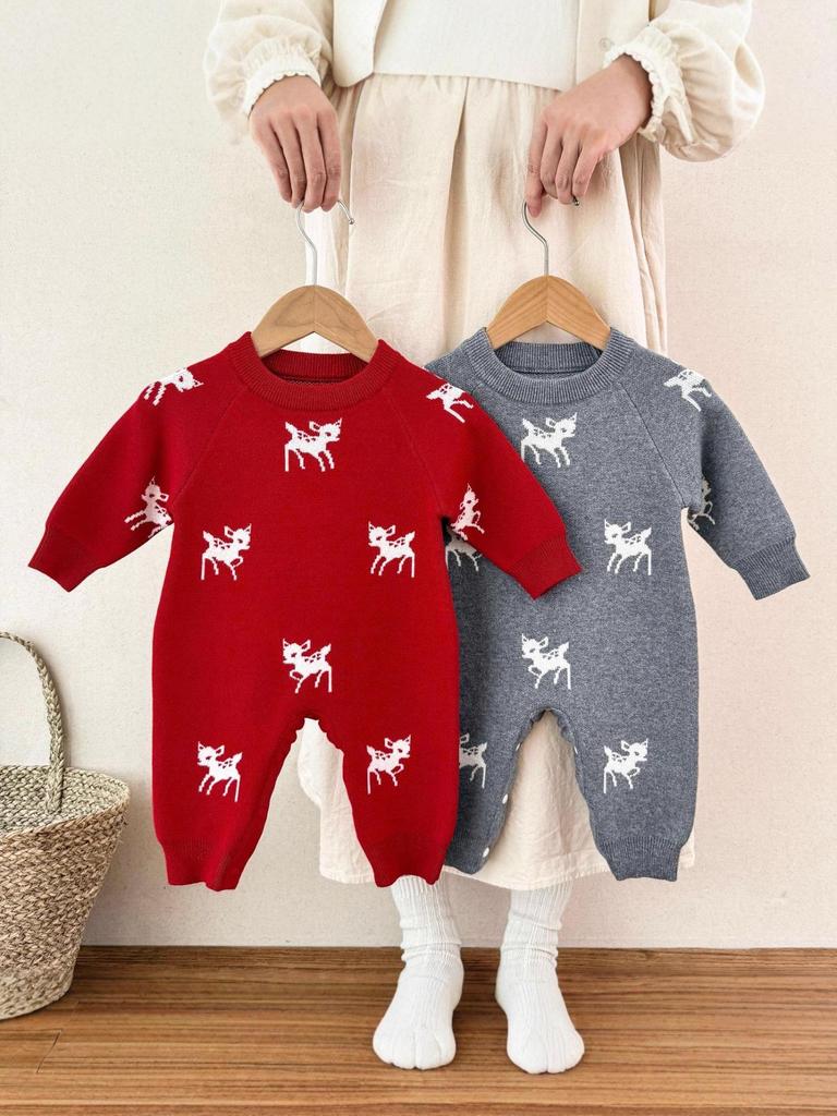 Knitted Jacquard Deer Baby Romper for Autumn & Spring - Unisex First Birthday Outfit