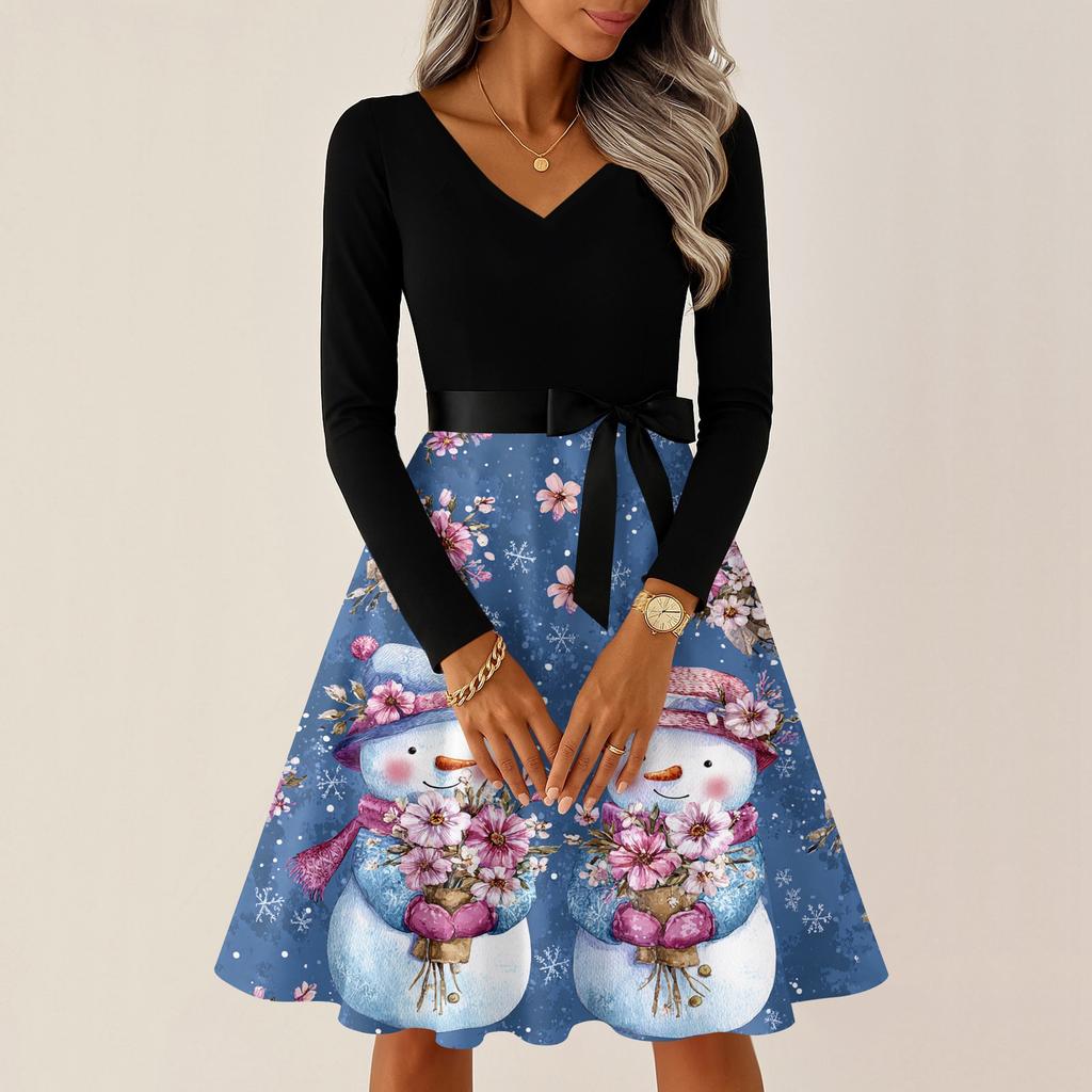 Ladies' Christmas Printed Casual And Fashionable V-neck Long Sleeved Dress