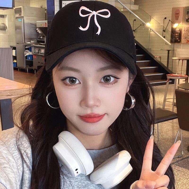 Y2K Bowknot Embroidery Washed Cotton Baseball Cap Snapback Hat Solid Wide Brim Cap Outdoor Adjustable Sports Sun Protection Cap
