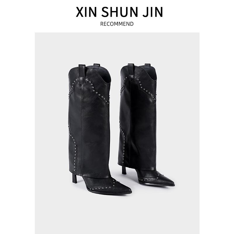 

2025 spring new retro rivet high trouser boots French women s boots versatile boots knight boots long boots 40 чёрный