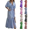 Women's Fashion Striped Collar Short Sleeve Button Pocket Strap Loose Long Shirt Dress
