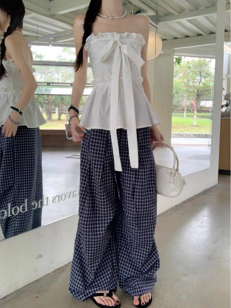 White Ruffled Bow Tie Strap Bandeau Top - Chic Slimming Waist-Cinched Summer Style for Women